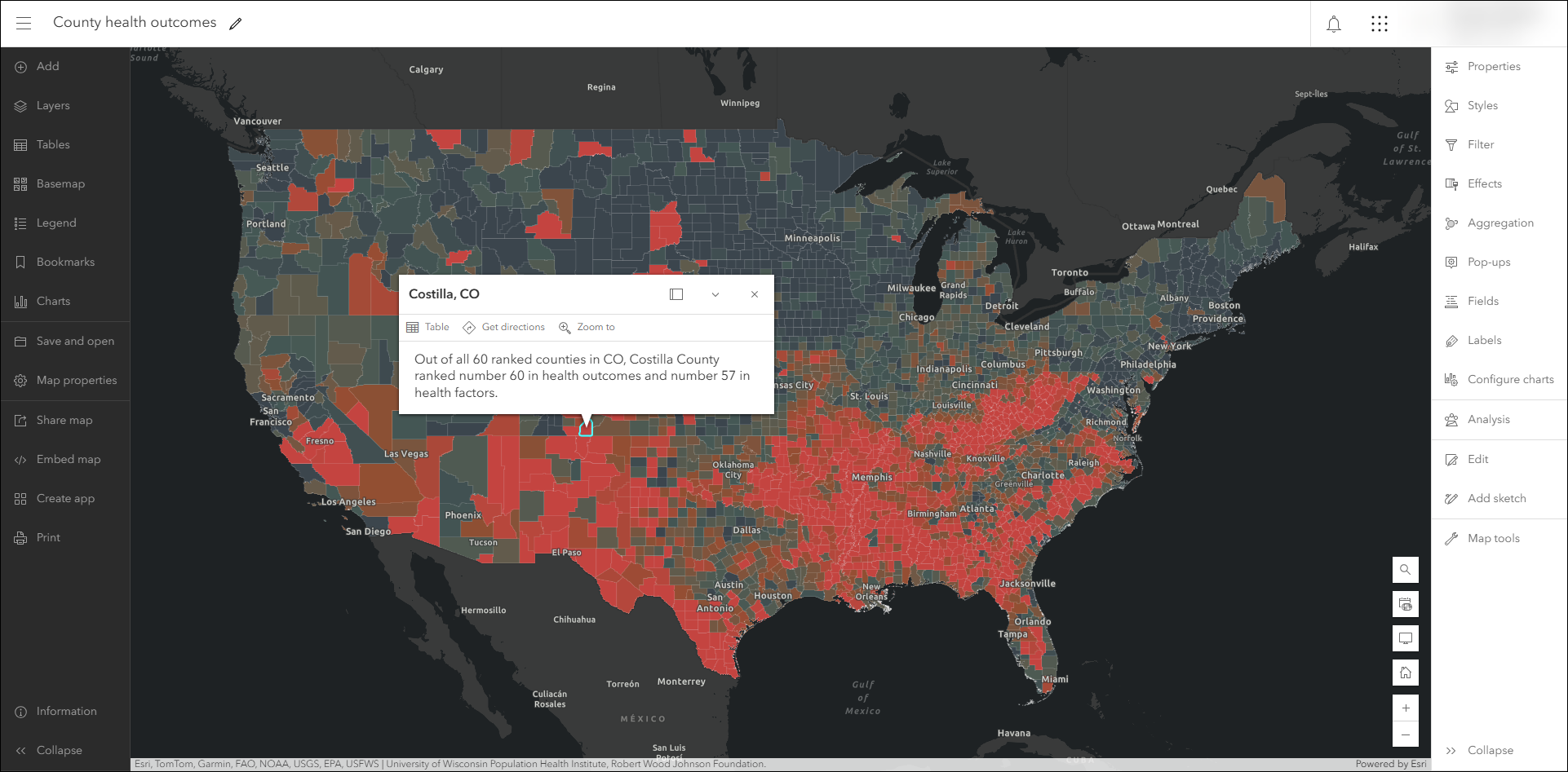 County health outcomes map in the new Map Viewer with the Contents and Settings toolbars displayed County health outcomes map in the new Map Viewer with the Contents and Settings toolbars displayed