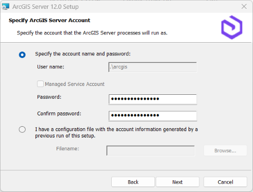 Specify ArcGIS Server Account dialog box Specify ArcGIS Server Account dialog box